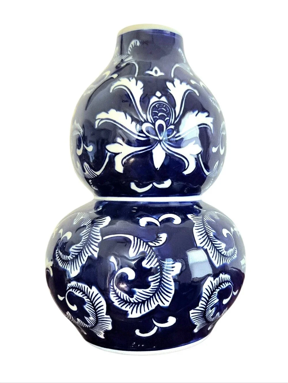Crisp Blue & White Double Gourd Porcelain Vase  Floral Leaf Contemporary Remake